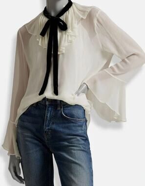 Polo Ralph Lauren Women's Ivory Crinkled Georgette Tie Neck Blouse Top Size 10